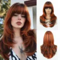 Gradient brown layered wig with bangs, natural long straight hair style for daily wear cos. - 22 inch / Ombre Brownish Red