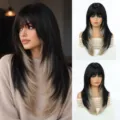 Women long layered wig with neat bangs black and blonde ombre synthetic hair natural look - 22 inch / Black Gold Gradient
