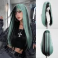 Long straight wig with bangs, striking black and teal split dye design for stylish cosplay looks. - 24 Inch / Blue Black Highlights