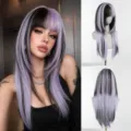 Women long straight layered wig with bangs black and purple gradient cosplay hair piece - 24 Inch / Purple Black Highlights
