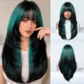 Women long layered straight synthetic wig with bangs, black and green gradient cosplay hair. - 22 inch / Green Black Gradient