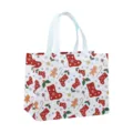 Sac cabas de Noël en intissé détail avec motif festif de chaussettes et bonhommes en pain. - Fond Blanc Chaussette de Noël Rouge & Bonhomme de Pain d'Épice (Christmas A4)