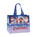 Sac cabas en non-tissé stratifié de Noël avec charmant motif de Père Noël et bonhomme. - Poignée Bleue Fond Bleu Bonhomme de Neige Renne Elfe (Christmas B11)