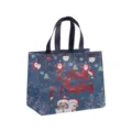 Sac de shopping de Noël en intissé épais avec charmant Père Noël et inscription festive. - Père Noël Bonhomme de Neige Flocon Dorés Bleu Foncé (Christmas Gilding A9)