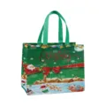 Sac de shopping de Noël en non-tissé vert détail, design d'emballage de fête avec imprimé. - Père Noël Bonhomme de Neige Ville Dorés Vert (Christmas Gilding A10)