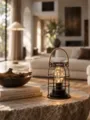 Wiederaufladbare LED Metallkäfig Laterne mit Seilgriff, schwarzes Ambiente Nachtlicht - Rund (USB-betrieben/Warmweißes Licht)