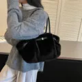 Women winter fluffy shoulder bag underarm tote casual black soft plush handbag for daily commute. - Black