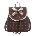 Sweet retro polka dot backpack with lace trim and cute bow for women casual daily use. - Coffee