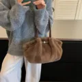 Women's fluffy plush shoulder bag autumn winter casual large capacity tote underarm bag - Coffee
