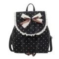 Sweet polka dot backpack with lace trim and bow, cute casual school bag for women and girls - Black