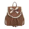 Brown polka dot mini backpack with lace trim and sweet bow for women casual daily - Brown