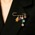 Christmas pendant brooch stylish gold safety pin with cute enamel charms like gingerbread and gift. - Gingerbread Man Sock Gift Box Style (3148) / Gold