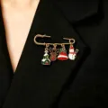 Christmas safety pin brooch featuring cute enamel charms like snowman, reindeer and bell. - Christmas House Reindeer Snowman Style (12199) / Gold