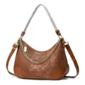 Brown vintage style shoulder bag detail, stylish chain strap and textured leather finish. - Brown