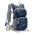 Hydration backpack detail view showing the shoulder straps and blue water tube system. - Navy Blue