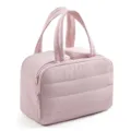 Quilted travel cosmetic bag with dual handles and zipper, pink makeup wash organizer. - Pink