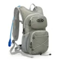 Detailed view of the gray hydration backpack showing mesh straps and blue water tube. - Gray