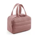 Detailed view of the quilted pink travel cosmetic bag, highlighting the top handles and zipper. - Rouge Red