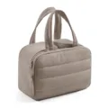 Close-up detail of quilted travel cosmetic bag with double handles and smooth zipper closure. - Camel