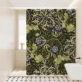 Waterproof shower curtain detail showing classic floral botanical pattern for bathroom decor. - [Single Curtain] Width 80x Height 180 + Hooks + Tiebacks / Emerald 02