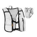 Detail view of white breathable mesh running hydration backpack with multiple functional pockets. - White