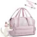 Pink quilted soft-sided pet carrier bag, foldable portable shoulder bag for cats and dogs. - Pink