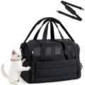 Black quilted soft pet carrier bag for small cats and dogs with shoulder strap and mesh vents. - Black