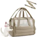 Soft-sided quilted pet carrier bag for small cats and dogs, breathable mesh, foldable design. - Camel