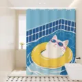 Waterproof cartoon cat shower curtain, cute animal fabric bath curtain for dry wet separation. - [Single Curtain] Width 80x Height 180 + Hooks + Tiebacks / Pool Cat 01