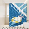 Waterproof bathroom shower curtain with cute cartoon cat swimming in pool design for home decor - [Single Curtain] Width 80x Height 180 + Hooks + Tiebacks / Pool Cat 02