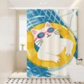 Waterproof cartoon cat shower curtain for bathroom, cute yellow swim ring design, fabric - [Single Curtain] Width 80x Height 180 + Hooks + Tiebacks / Pool Cat 03