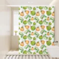 Waterproof shower curtain detail showing watercolor pumpkin and gourd print pattern in bathroom. - Single Curtain 80x180cm Rings+Tieback / Dreamy Manor 04