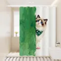 Cute cat shower curtain detail view, waterproof fabric bathroom partition with lovely pet graphic. - Single Curtain (80x180cm) with Rings & Tieback / Green Ragdoll Cat 01