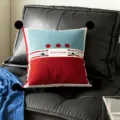 Decorative throw pillow with color block design, cute cartoon print and corner pom poms. - 35x35cm Pillowcase Without Core / Red Berry Black Pom-Pom