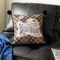 Brown plaid cushion with four black pom-poms and cute shaggy dog illustration for sofa. - 35x35cm Pillowcase Without Core / Warm Hair Black Pom-Pom