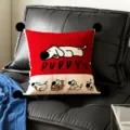 Cute cartoon puppy printed throw pillow cover with red and white design for sofa. - 35x35cm Pillowcase Without Core / Lying Puppy Black Pom-Pom