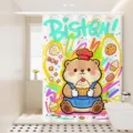 Detailed view of a cute cartoon bear shower curtain with colorful graffiti dessert print for bath. - [Single Curtain] Width 80x Height 180 + Hooks + Tiebacks / Baking Toy 4