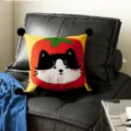 Funda de cojín gato tomate de dibujos animados cojín de sofá con pompones decorativo. - Doble Cara 35x35cm (Funda Sin Relleno) / Gato Tomate Pompón Negro