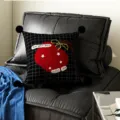Black grid throw pillow with red apple embroidery and pom poms detail for living room couch. - Red Berry Black Pom-pom