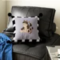 Decorative throw pillow with cute cat and mushroom print, black white check border. - Gray Meow Black Pom-pom
