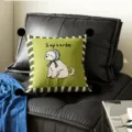 Green dopamine aesthetic decorative throw pillow detail, cute puppy illustration with pom-poms. - Green Edge Dog Black Pom-pom