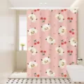 Close-up of cute cartoon sheep and cherry print shower curtain in modern bathroom setting. - Blue Dream 07