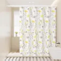 Close up of yellow and grey botanical floral shower curtain, waterproof fabric in bathroom. - Blue Dream 08