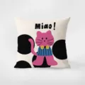 Cute cartoon cat pattern square pillow detail, featuring cute pink kitty with blue striped shirt. - Cat Style 7