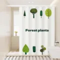 Waterdicht stoffen douchegordijn met leuke groene bosplanten prints voor de moderne badkamer. - [Enkel Gordijn] Breedte 80x Hoogte 180 + Haken + Tiebacks / Kleurrijke Cartoon Bos 03