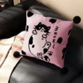 Pink cartoon cat throw pillow with cute black pom poms for living room sofa decor. - Pink Cow Black Pom Pom