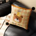 British style cartoon animal throw pillow, cute bear cushion with pom poms for sofa decor - Yellow Brown Bear Black Pom Pom