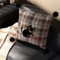 British style plaid throw pillow with cute black cat embroidery and pom-poms for sofa bed. - Yarn Cat Black Pom Pom