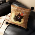 British style cartoon animal throw pillow, brown plaid cushion with cute bear and pom poms. - Duck Bear Black Pom Pom