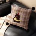 Plaid throw pillow with cute cartoon bear and pom poms for living room sofa and bed decor - Swim Ring Bear Black Pom Pom